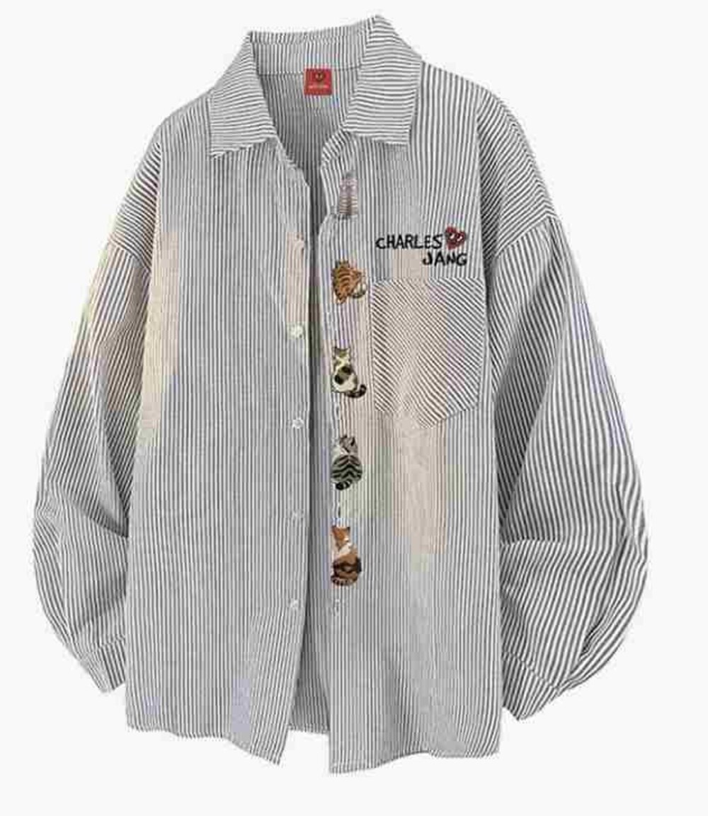 Cat Embroidered Stripe Shirt